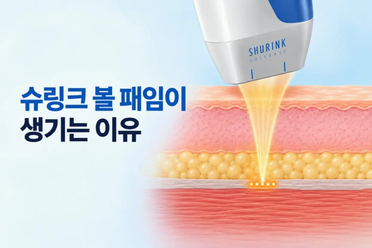 슈링크 핸드피스가 볼 피부에 초음파 에너지를 전달하는 단면을 담은 볼 패임 썸네일