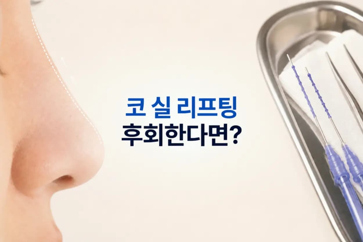 코 옆선 확대 사진과 리프팅 실이 놓인 트레이를 함께 담아 제거와 재수술 시기 판단을 다룬 썸네일