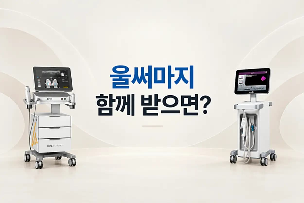 턱선 피부에 핸드피스 팁이 닿고 콜라겐 재생 단면 인셋을 조합한 울써마지 전후 체감 시기 썸네일