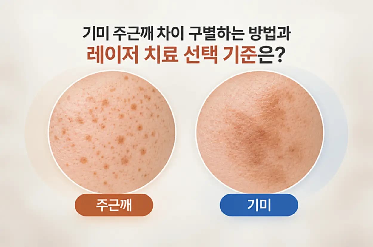 기미 주근깨 차이와 레이저 치료 선택 기준을 설명하기 위해 작은 갈색 반점이 흩어진 주근깨와 넓고 불규칙한 갈색 얼룩 형태의 기미를 비교한 피부 확대 이미지